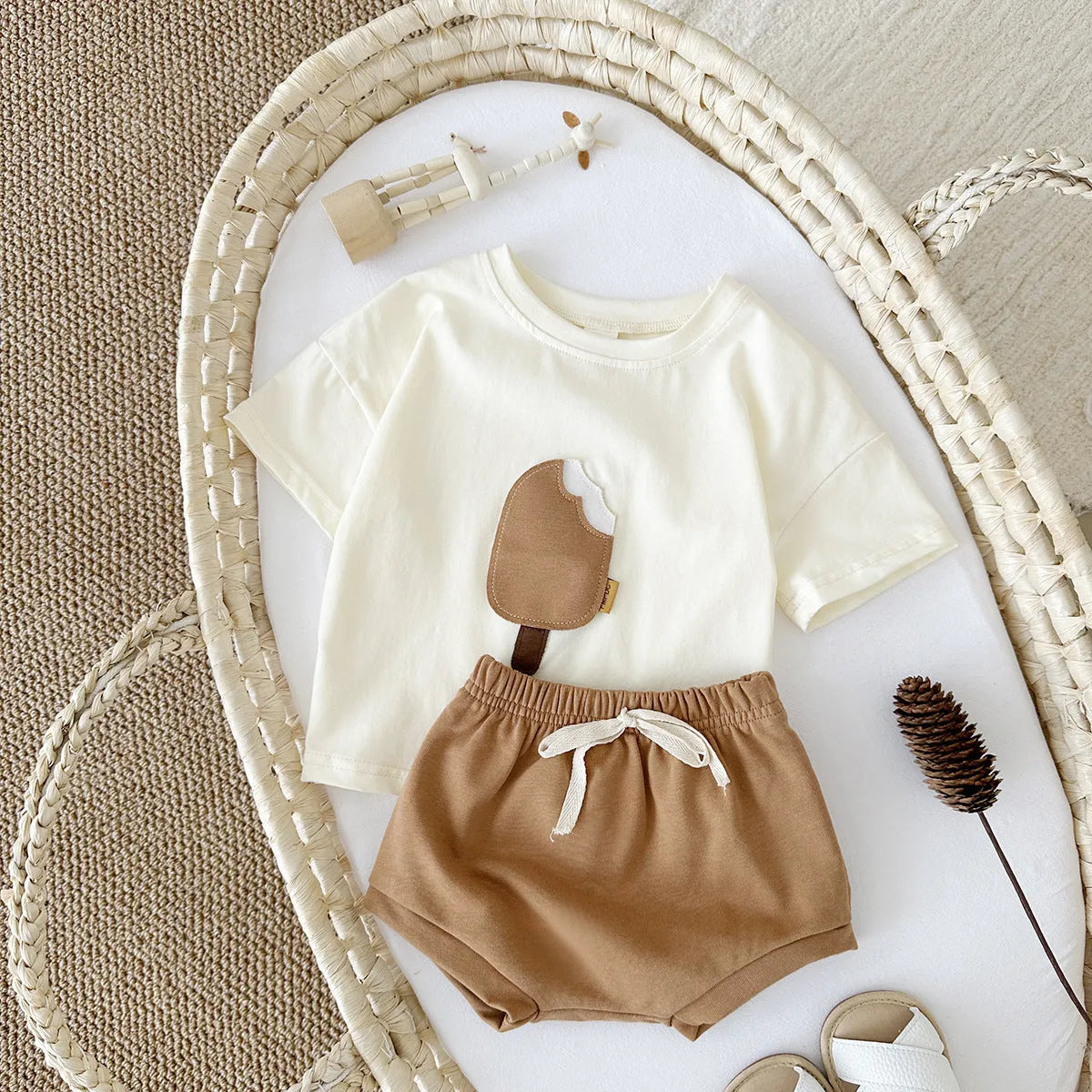 Girls' cotton casual round neck ice cream patch short sleeve shorts suit in Olive, Apricot, and White for summer