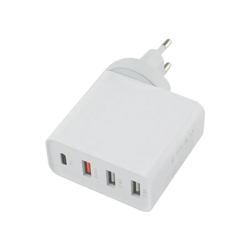 Four-port USB-C PD wall charger with international plug adapters in black or white