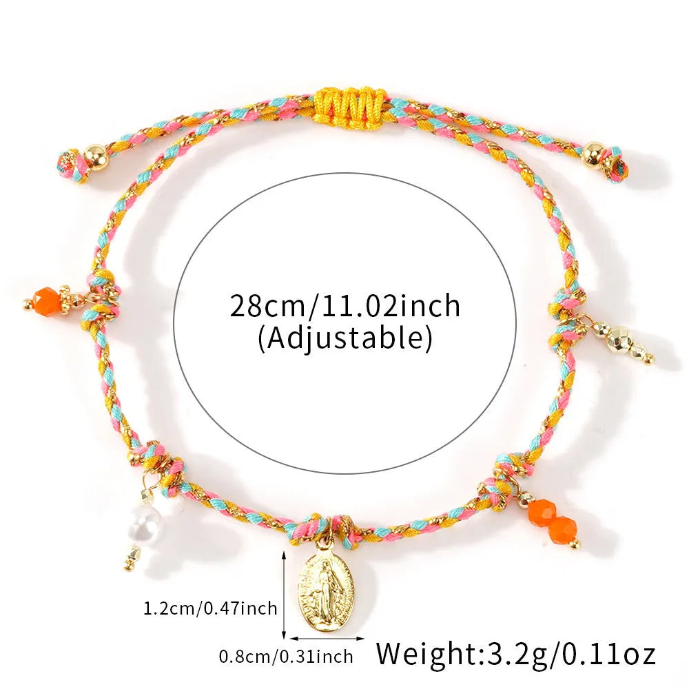 Ethnic style women's bracelet handmade from colourful braided rope with woven carrying strap tag design