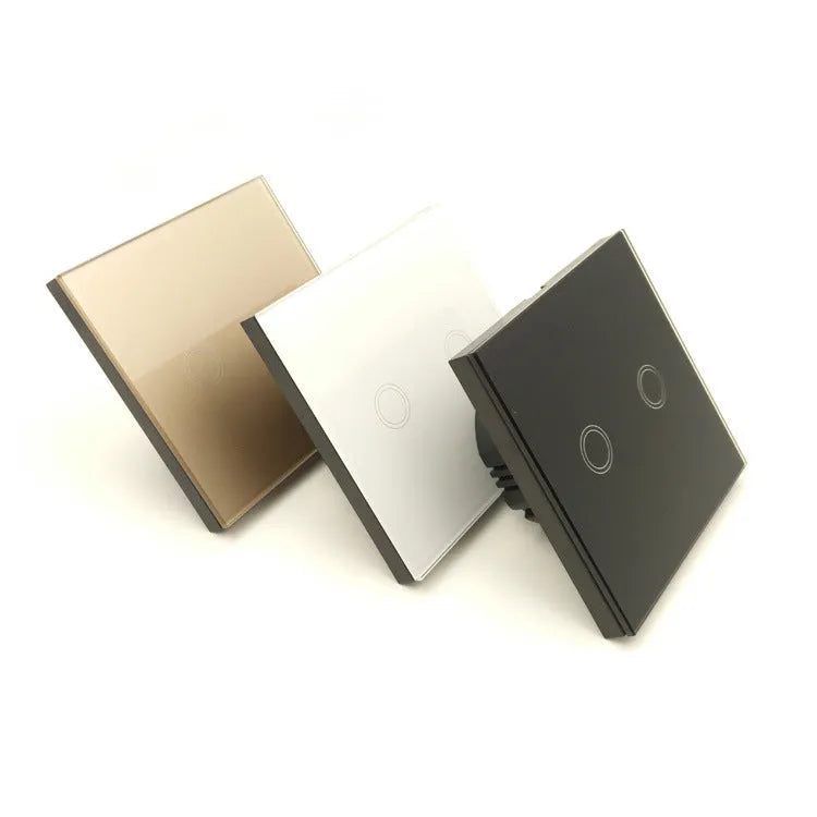 Single control touch light switch with tempered glass panel in black, gold, or white finish