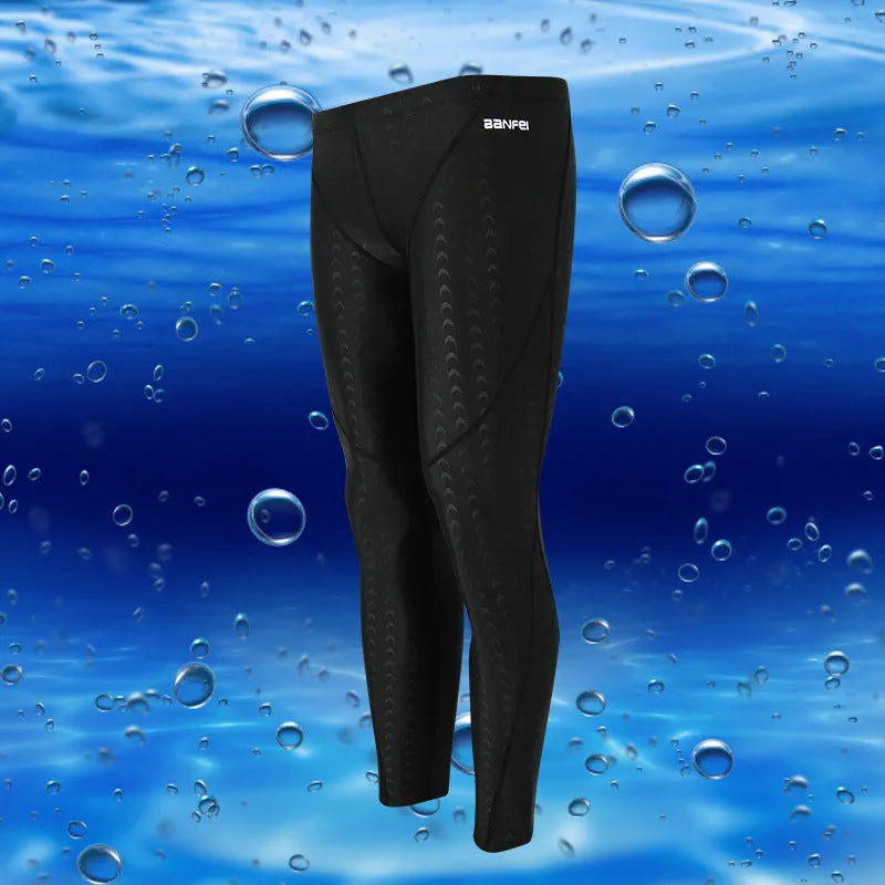 Men's black nylon cropped swimming trunks with a contrast line detail and drawstring waist.