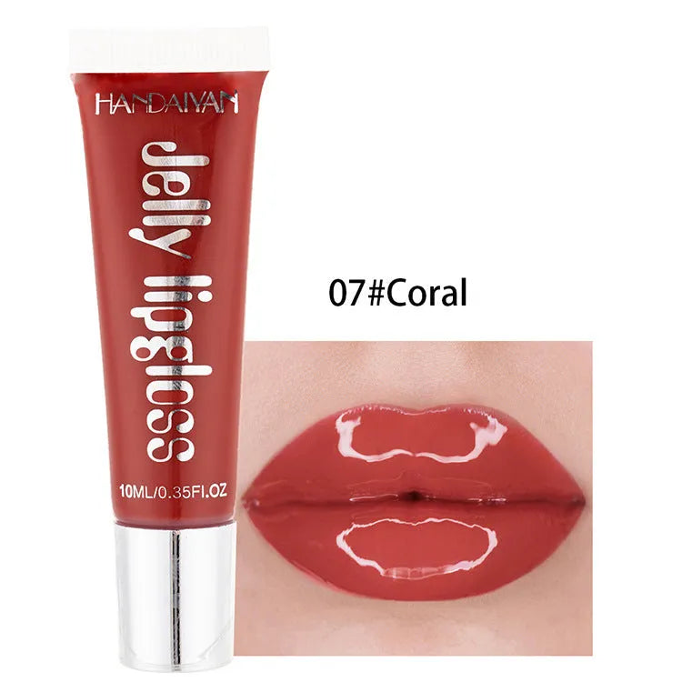 Jelly glass moisturising lip gloss tube in Pearl White shade with carton packaging and 12 colour options