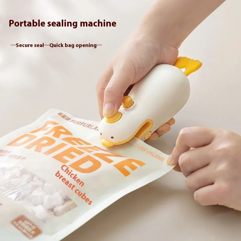 Yellow duck jacquard patterned rechargeable handheld bag sealing machine with USB charging cable.