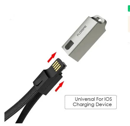 Short red leather braided USB-C to Apple Lightning charging cable on a white background