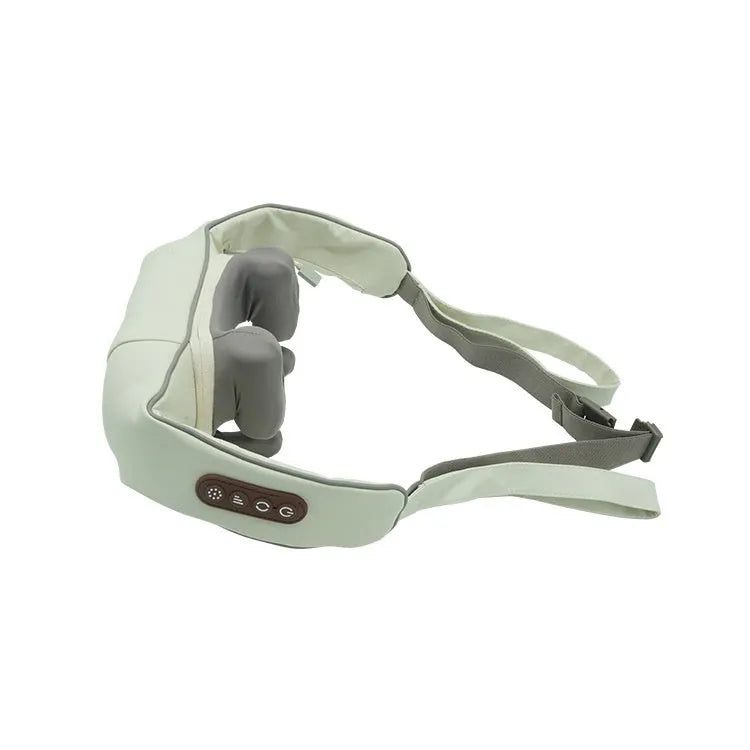 Blue foldable electric neck and shoulder massager with heat settings, shown unfolded.