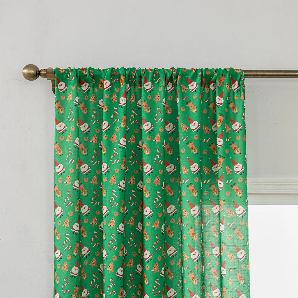 Green and red Christmas curtain with printed snowman and angel cartoon design