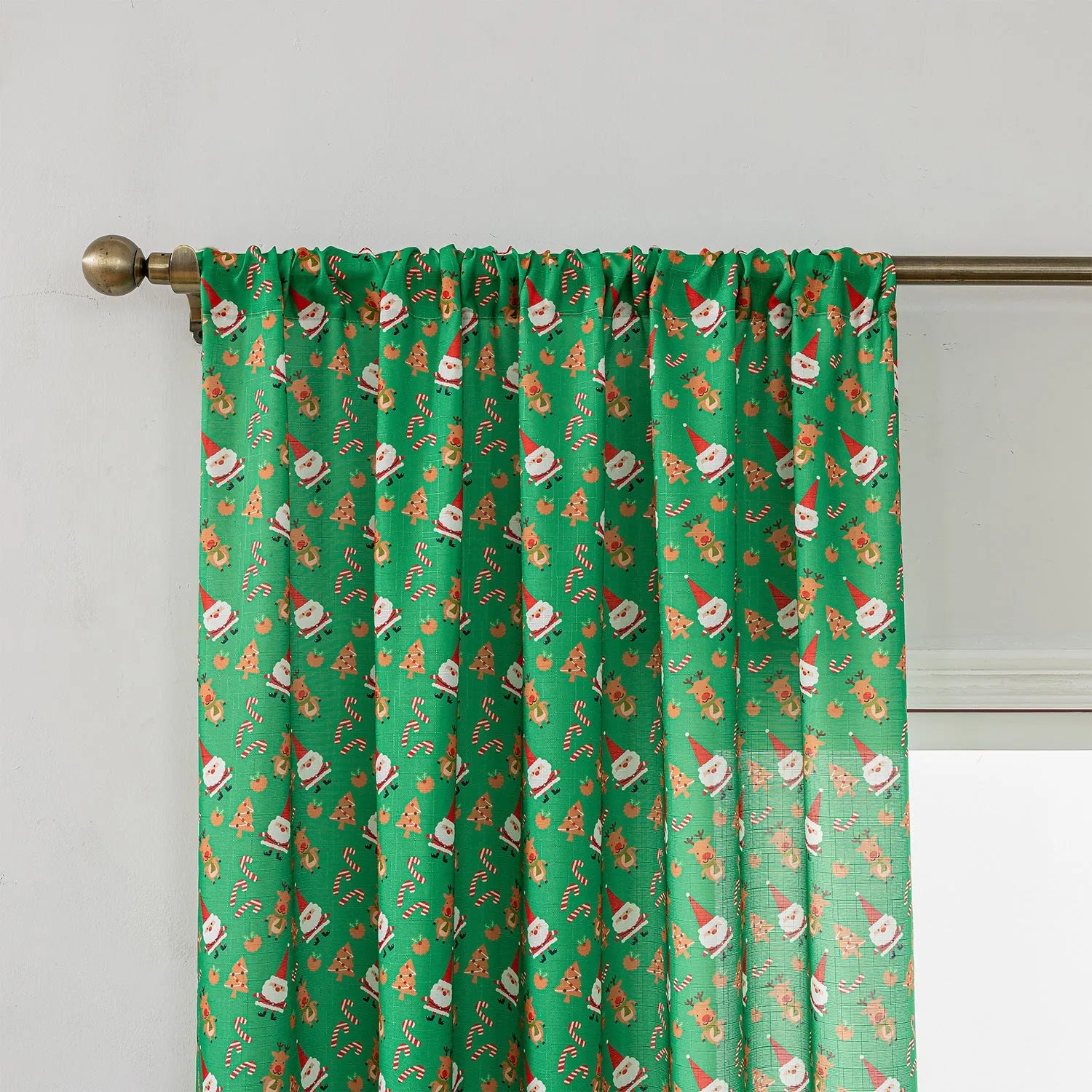 Green and red Christmas curtain with printed snowman and angel cartoon design