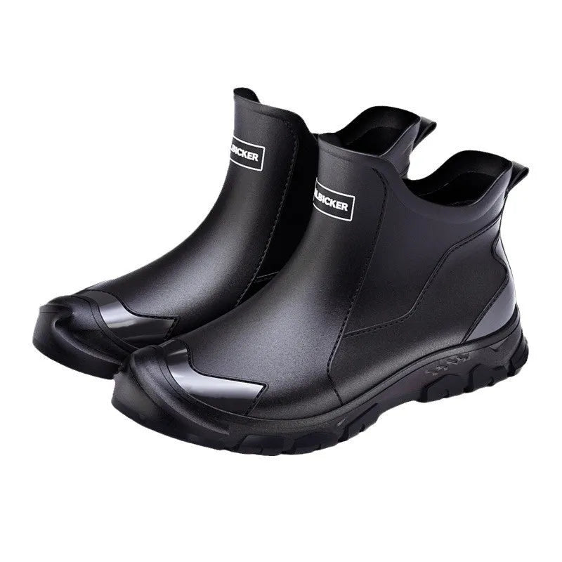 Short tube Korean style PVC rain boots with plastic soles in beige, black, and black-red colours.