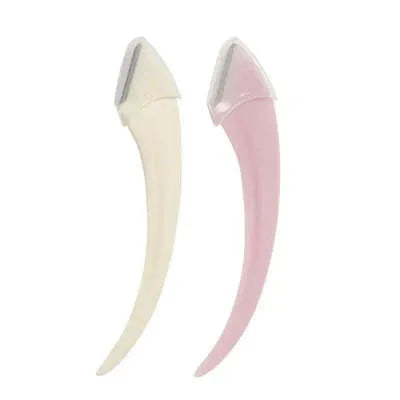 White and pink curved moon-shaped eyebrow trimming knife with a comb on a white background.