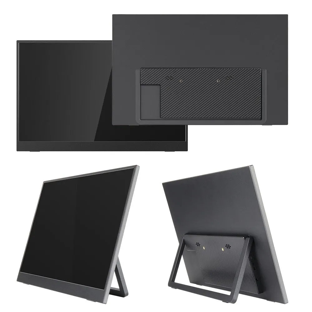 Black 15.6-inch portable computer monitor with integrated adjustable stand on a desk
