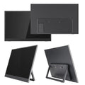 Black 15.6-inch portable computer monitor with integrated adjustable stand on a desk