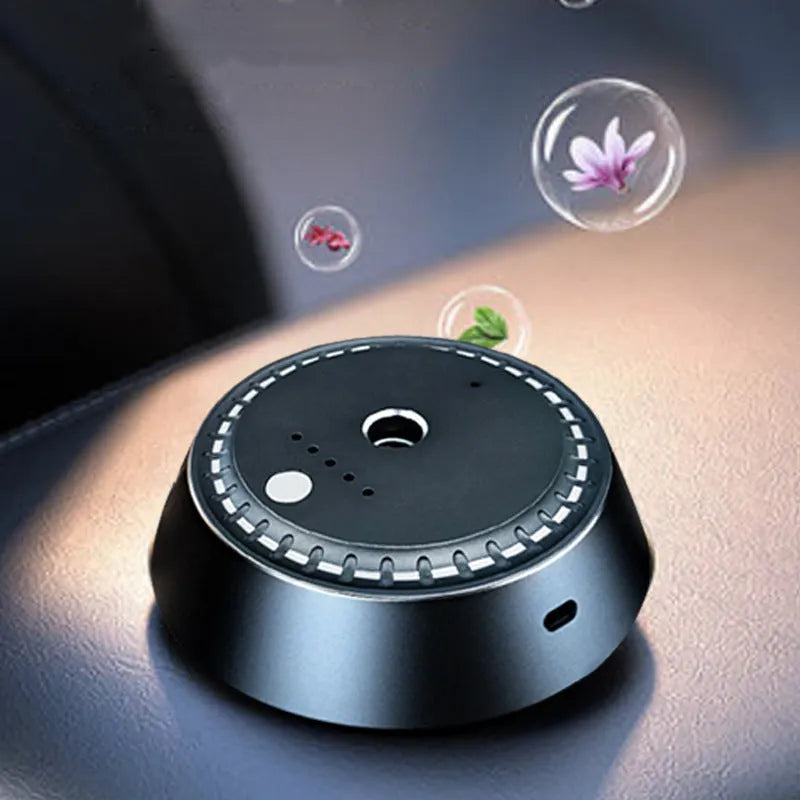Black car aroma diffuser with USB charging and timing controls for vehicle use