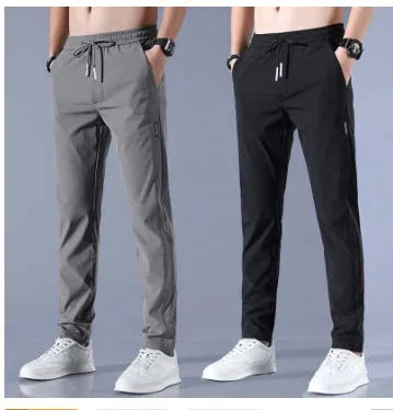 Men's Khaki drawstring trousers with loose straight leg and elastic waist, Korean casual style