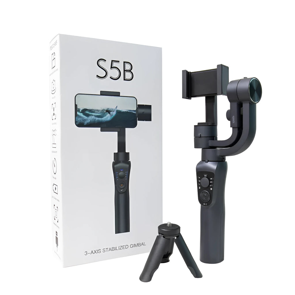 Black three-axis handheld gimbal stabiliser for mobile phones with tripod and protective cases