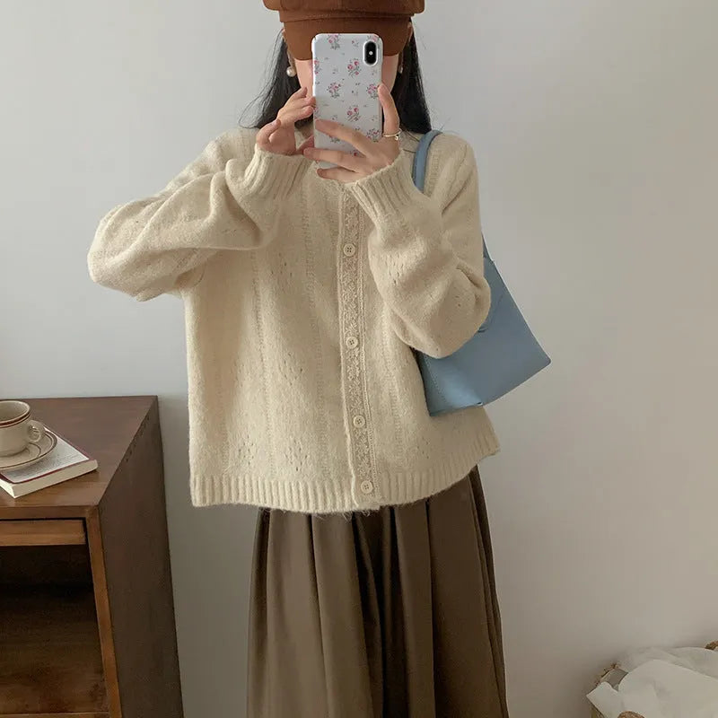 Korean artistic retro style sweater coat in loose fit cardigan design, shown in apricot colour