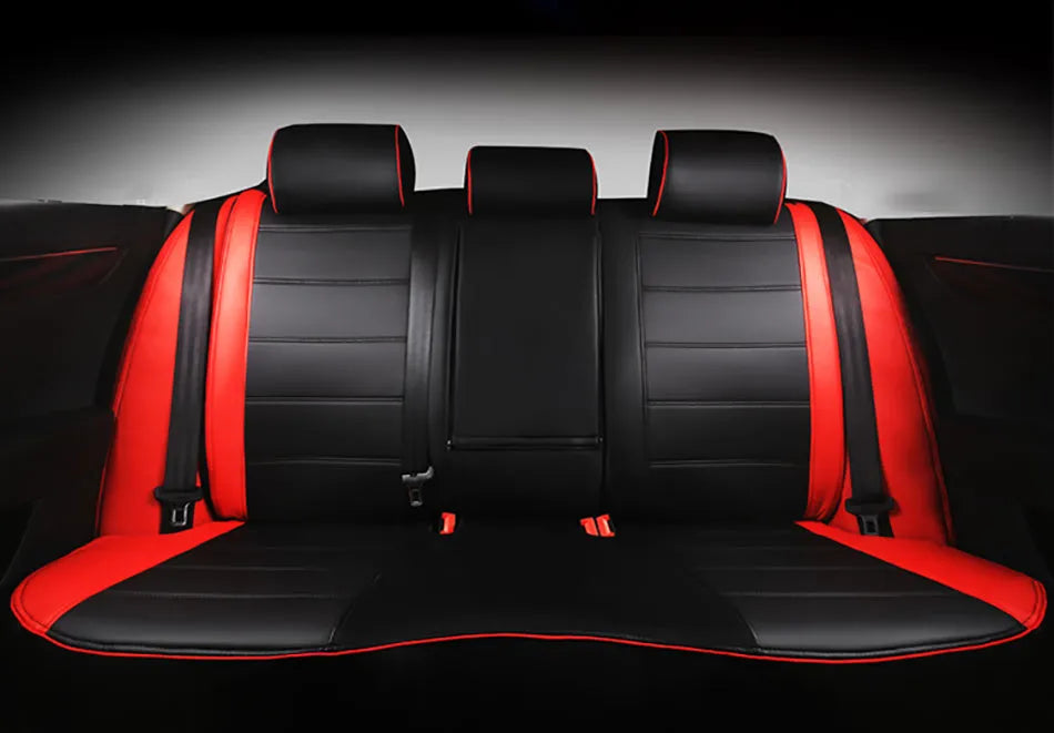 Genuine leather car seat cover in beige and black colour options with red stitching details