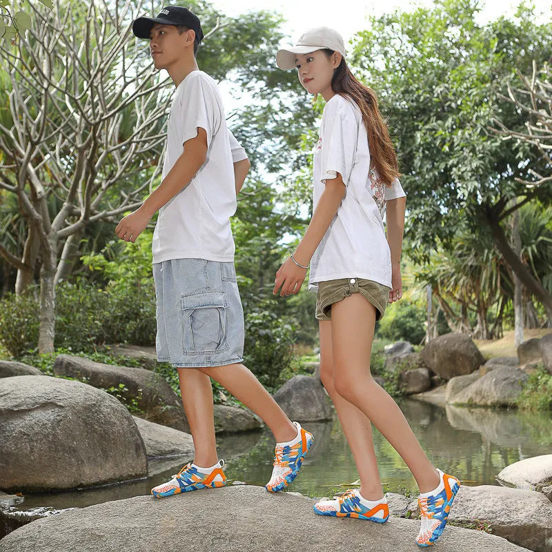 Men's and women's quick-drying mesh beach shoes with lace-up front and non-slip rubber sole.
