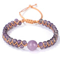 Handmade woven geometric pull bracelet with stone beads in blue tigereye or amethyst colours