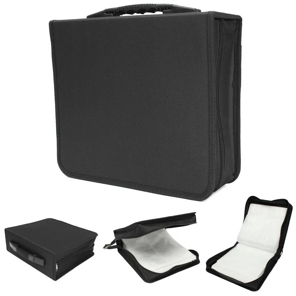 Black Oxford cloth CD DVD storage wallet organiser with carrying strap and zipper closure