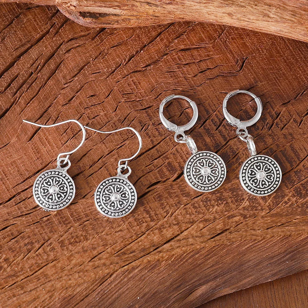 Bohemian style retro round print distressed ethnic earrings for women in zinc alloy with electroplated finish
