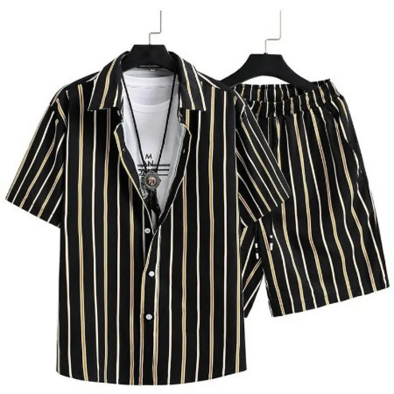 Men's casual digital print cardigan suit with short sleeves and matching shorts on a hanger.
