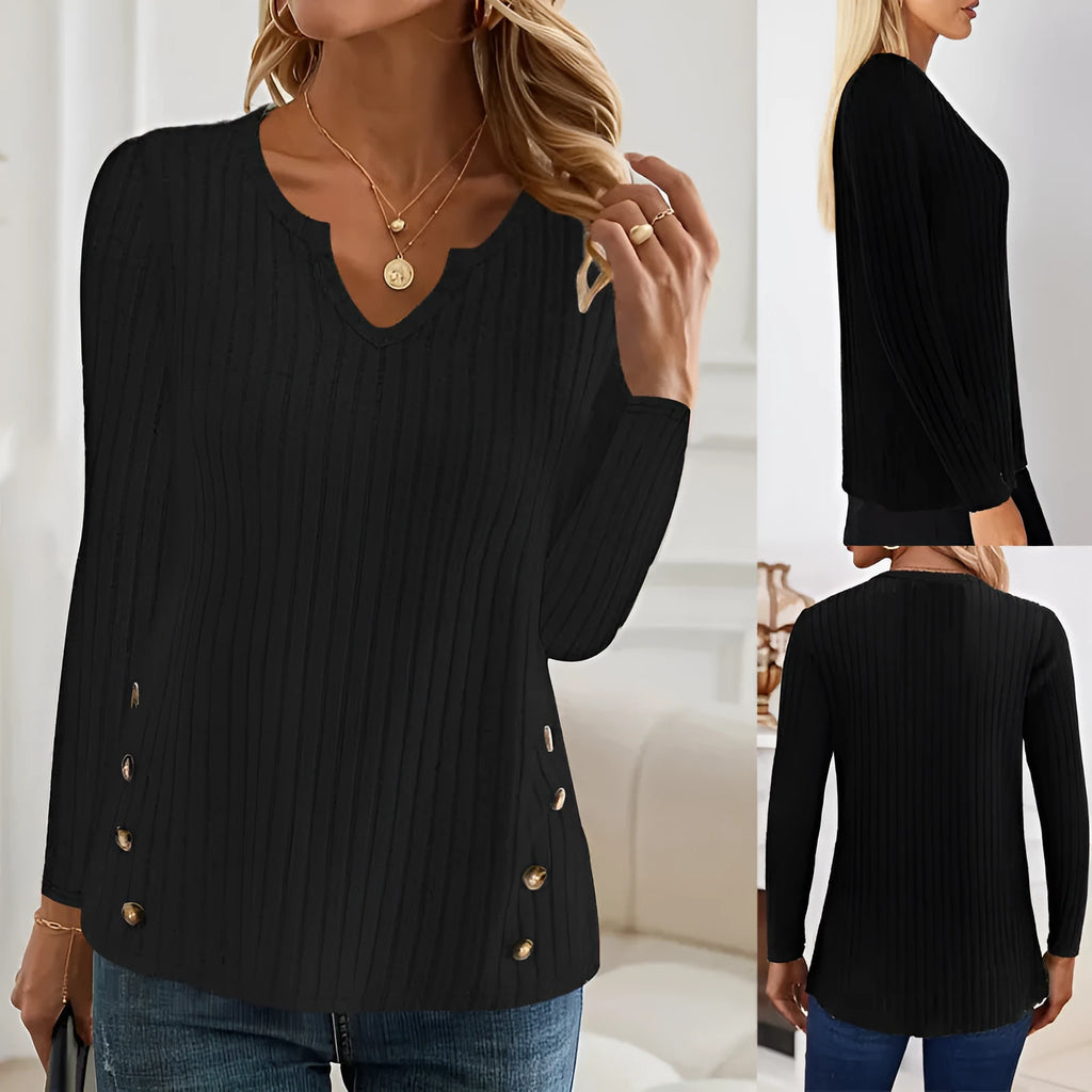 Women's black knitted pullover sweater with a button detail on the front.