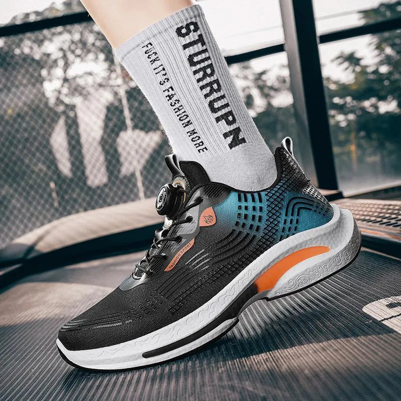 Men's white and orange mesh sneaker with rotating buckle and low-top design
