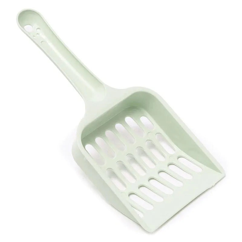 Plastic cat litter scoop in blue, green or pink, showing 20cm length.