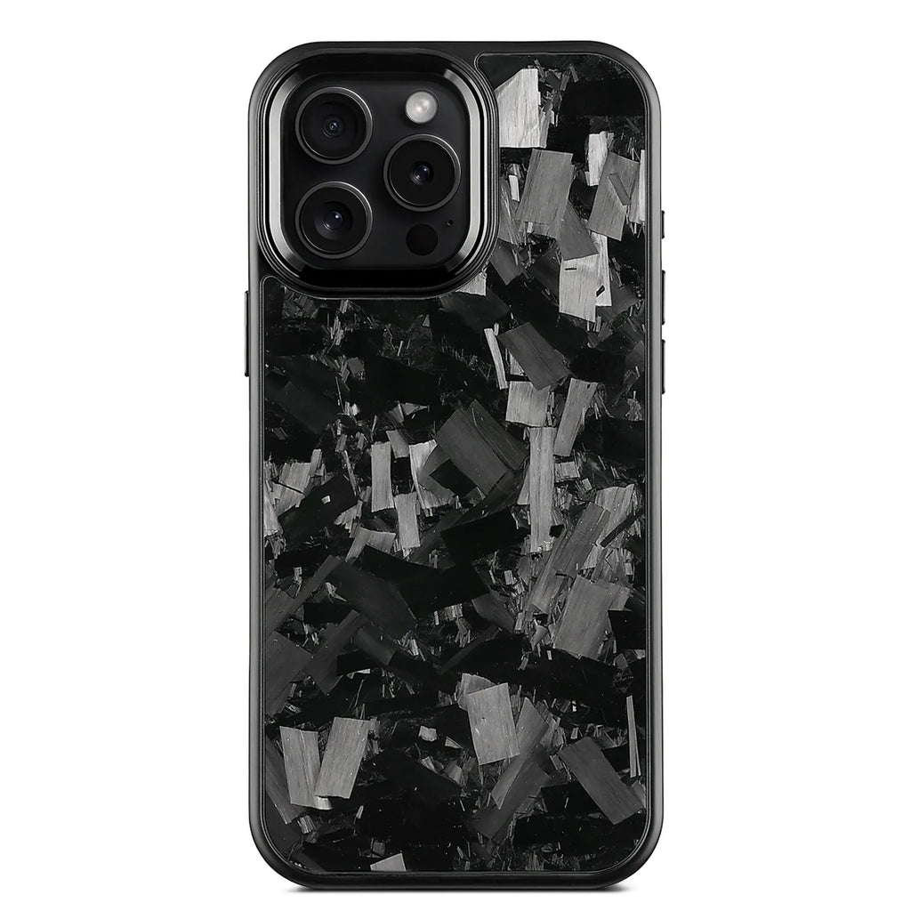 Carbon fibre iPhone 17 phone case with metal frame and forged pattern detailing in black frame blue gold colour with magnetic option