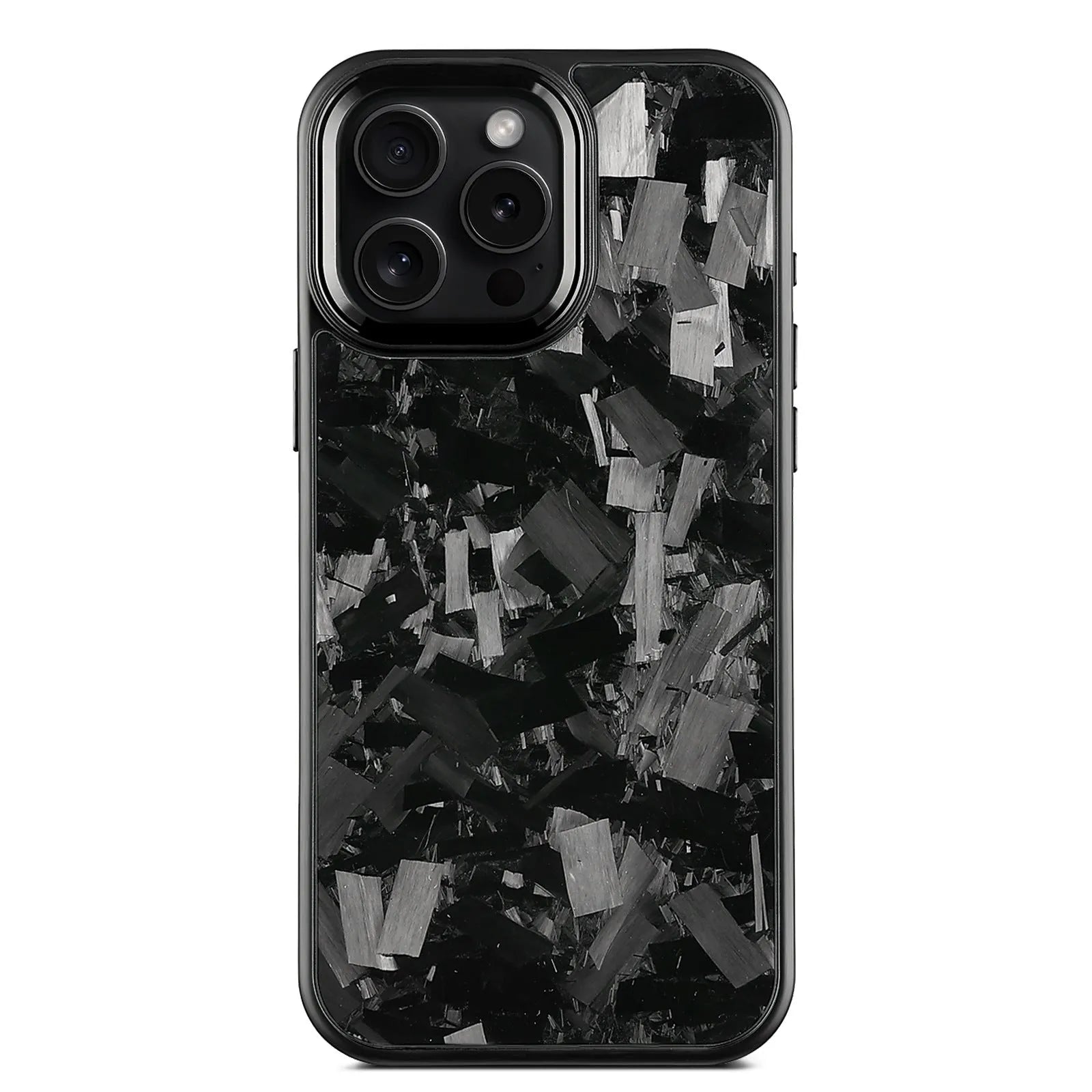Carbon fibre iPhone 17 phone case with metal frame and forged pattern detailing in black frame blue gold colour with magnetic option