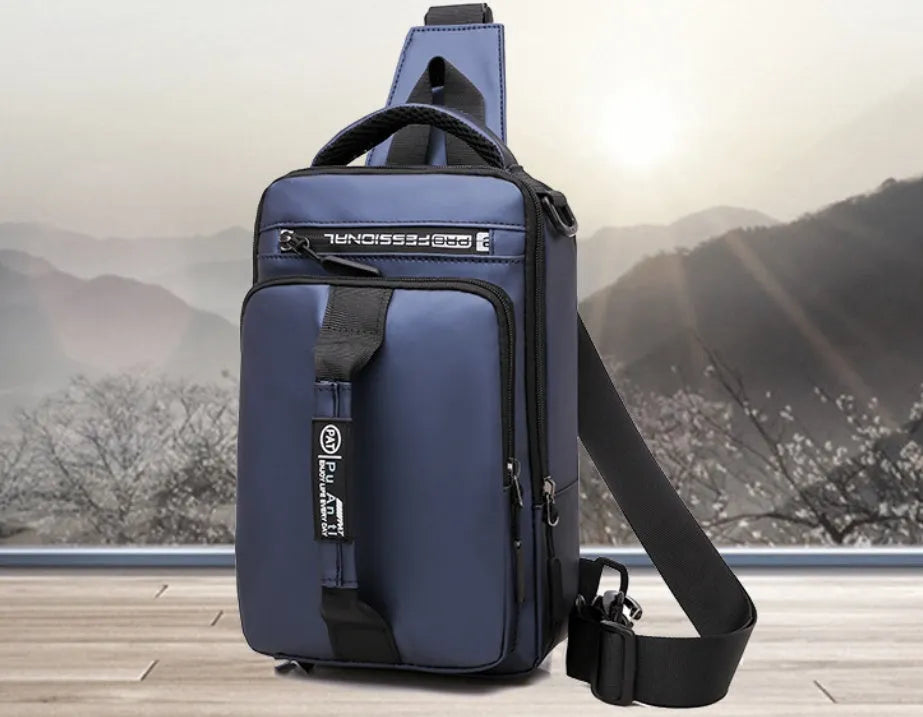 Casual outdoor chest bag in Oxford cloth, medium square vertical section, zipper closure, black colour, soft handle