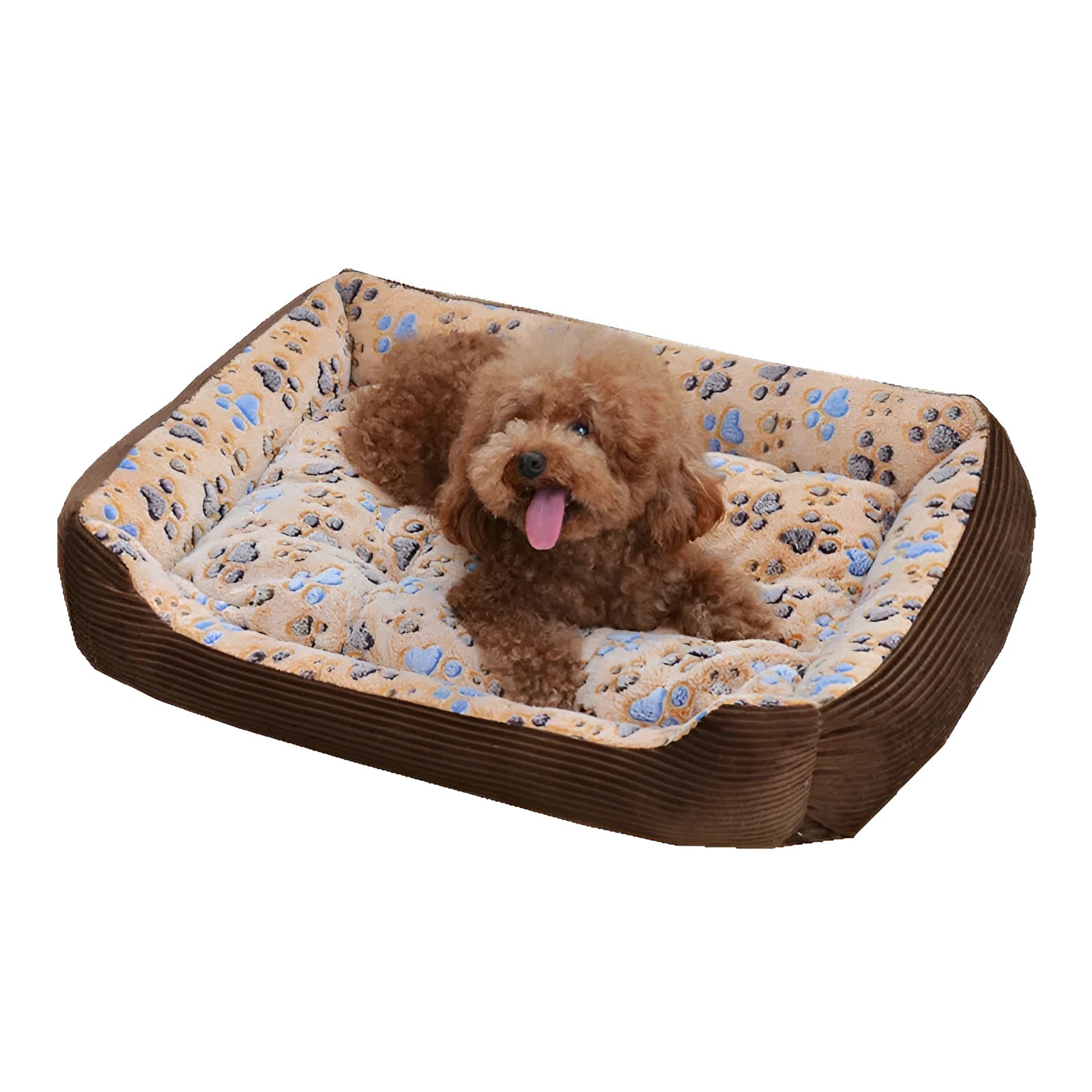 Plush fabric dog bed with foam cushion in beige, camel, or pink colour options