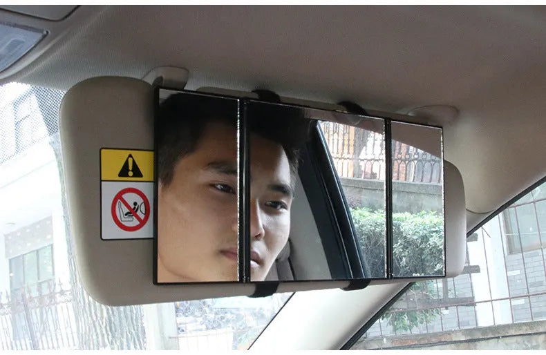 Silver car folding makeup mirror shown closed at 15.5cm width and opened at 30.5cm width