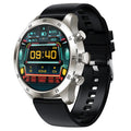 Black steel smart watch with Bluetooth calling and health monitoring display on wrist.