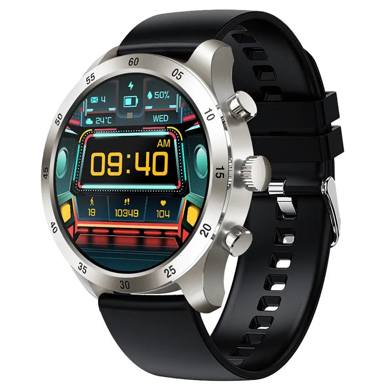 Black steel smart watch with Bluetooth calling and health monitoring display on wrist.