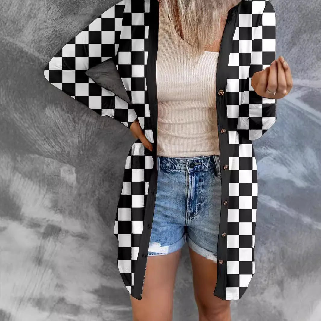 Women's long grey plaid cardigan coat with loose fit and regular sleeves
