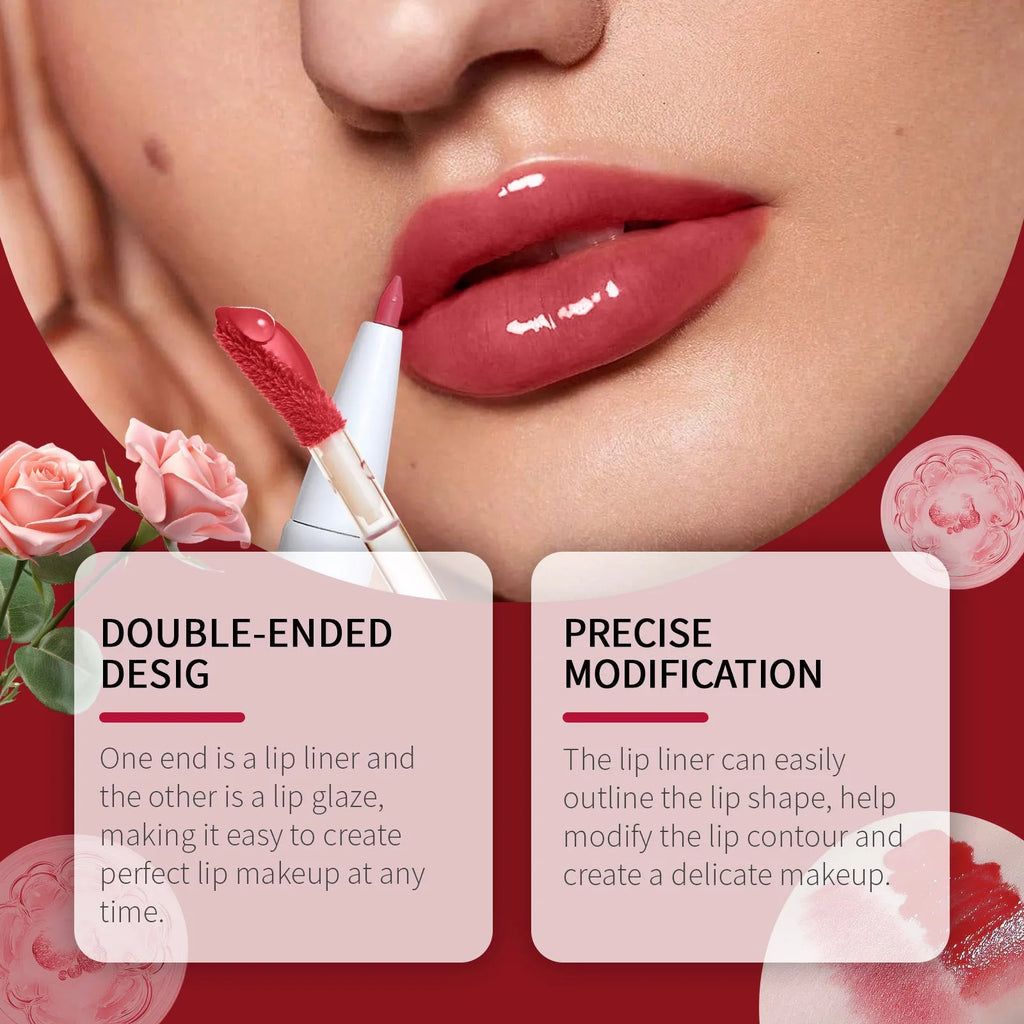 Double-headed lip liner and lip lacquer pen with included lipstick in case.