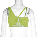 Solid colour ribbed knit short length suspender crop top with hollow out double strap front
