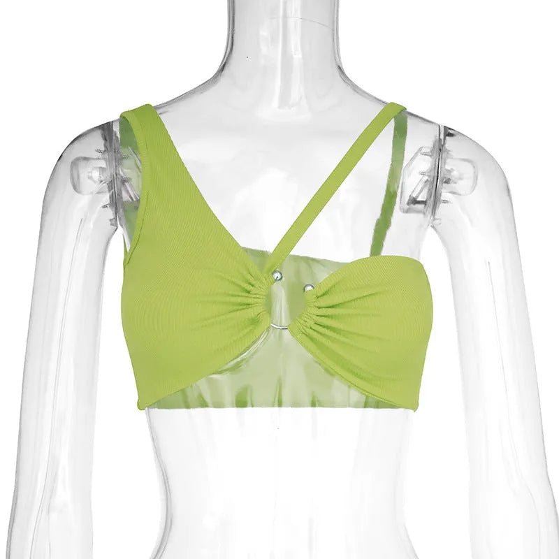 Solid colour ribbed knit short length suspender crop top with hollow out double strap front