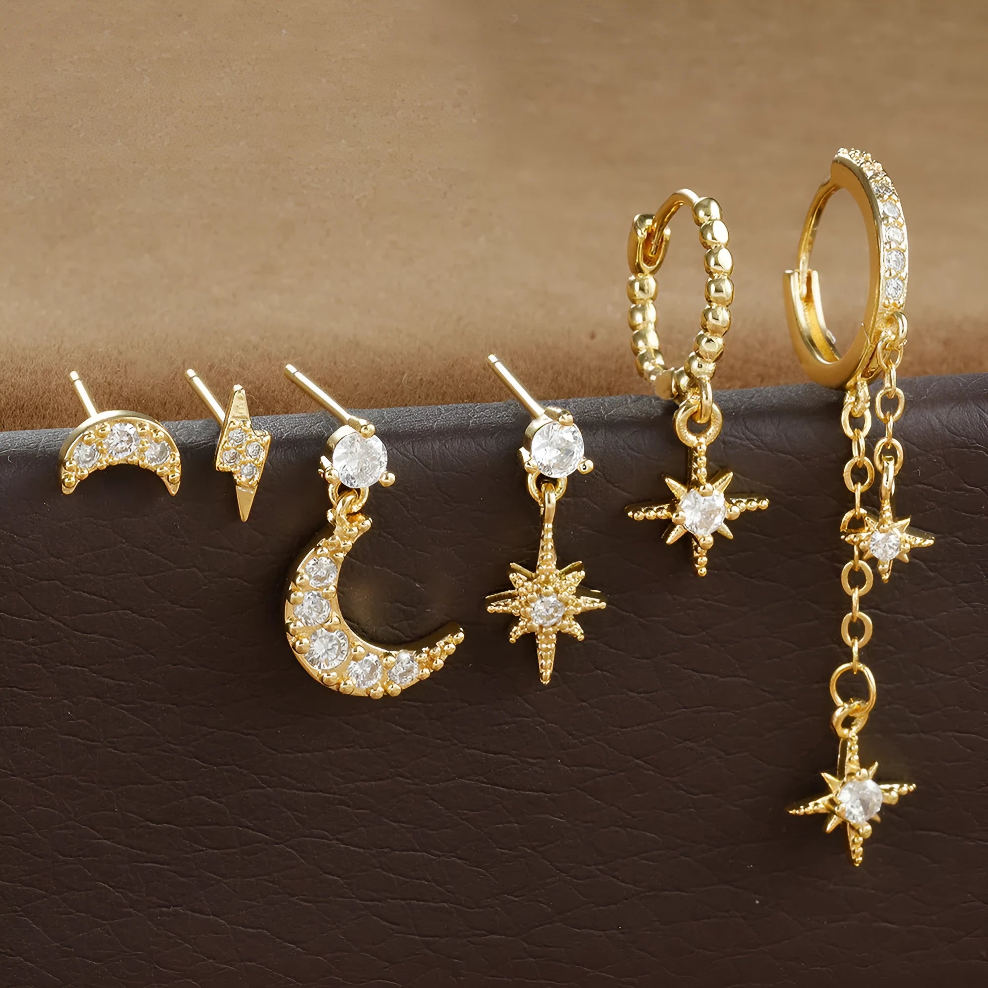 XingX six pairs of gold chain tassel drop earrings with zircon stones on copper