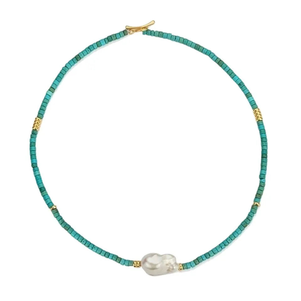 Natural baroque pearl and turquoise necklace with handmade finish