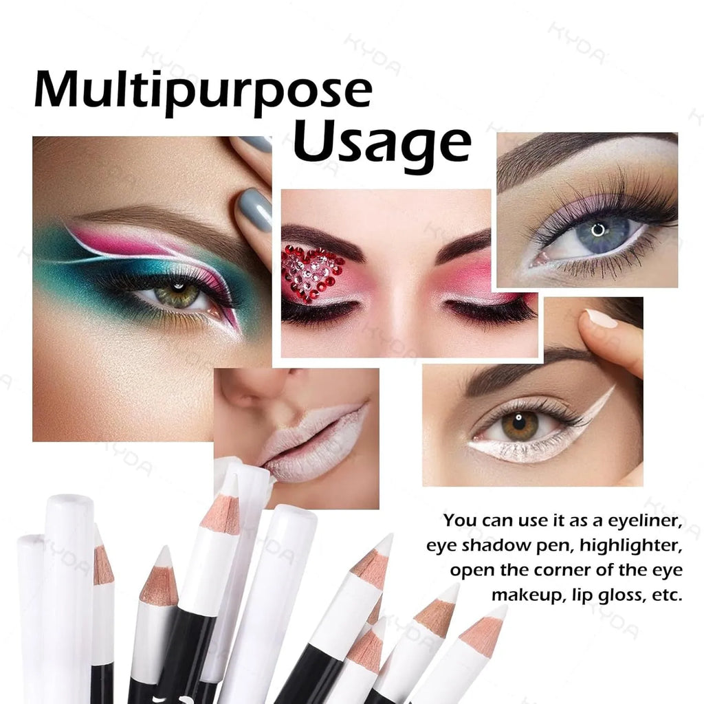 12 white and black waterproof eyeliner pencils with a sharpener arranged on a white background.