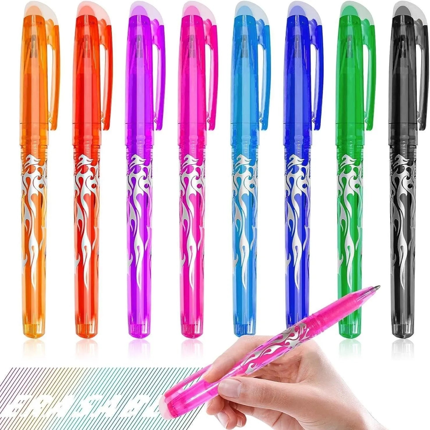 Heat-erasable gel pen set with plastic shells and stainless steel nibs in multiple colours