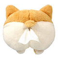 Yellow corgi butt shaped fabric pouch for holding a tissue box, shown with elastic strap for hanging.