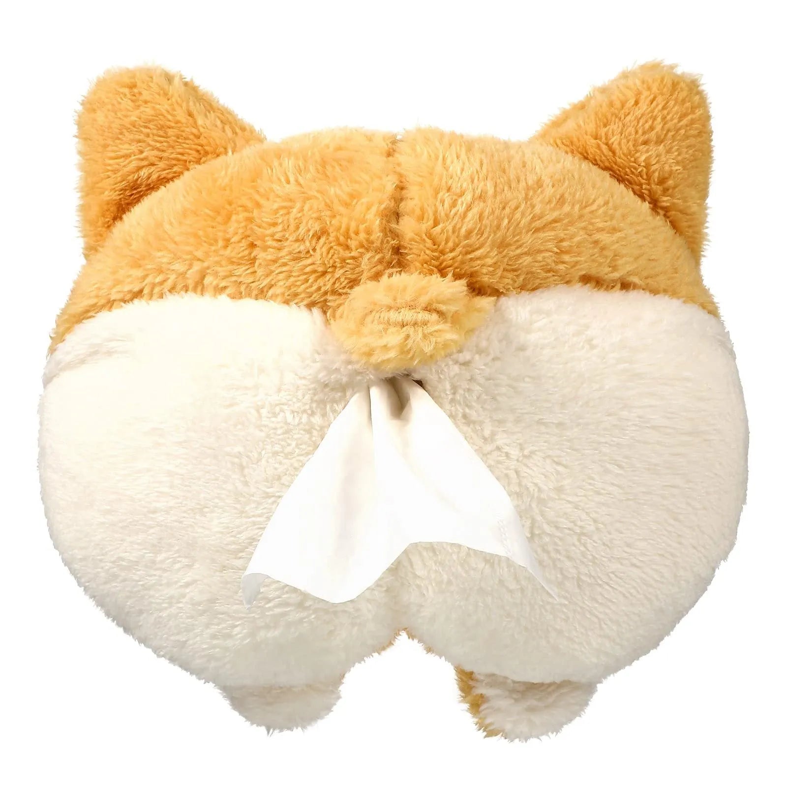 Yellow corgi butt shaped fabric pouch for holding a tissue box, shown with elastic strap for hanging.