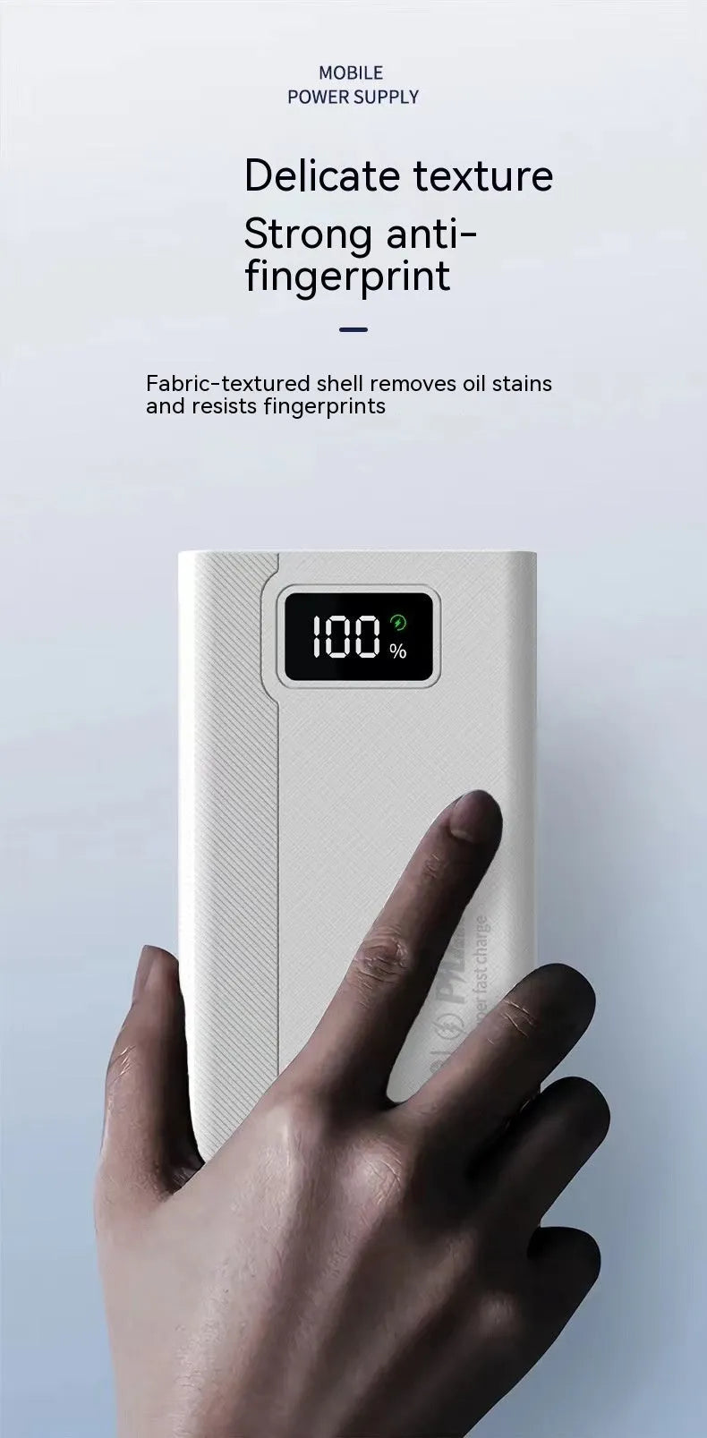 Large black and white plastic power bank showing size comparison and capacity options from 20000mAh to 50000mAh.