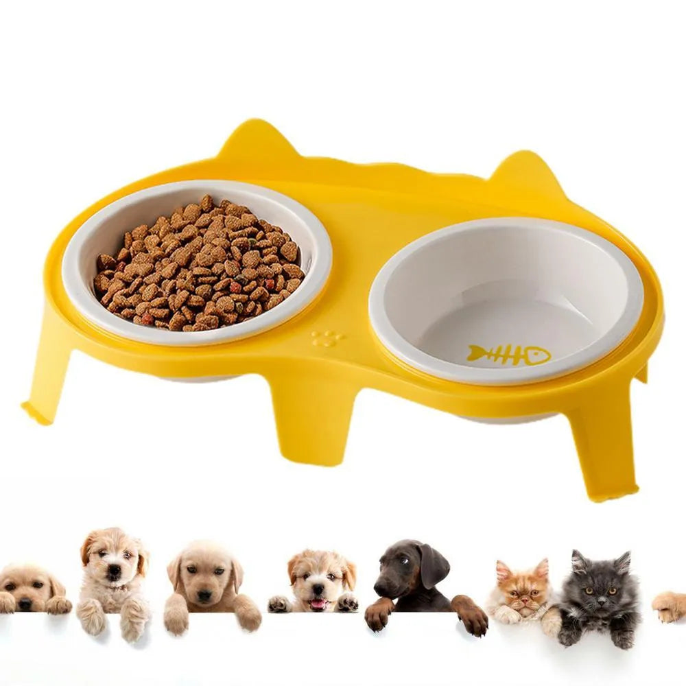 Ceramic cat food and water bowl set on tilted elevated stand in blue, pink, white or yellow colours