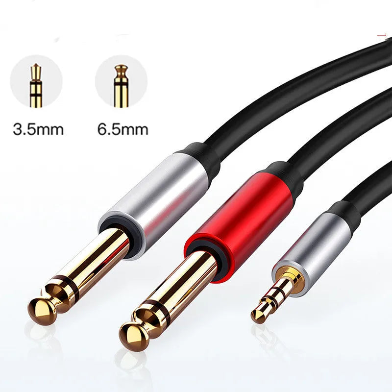 3.5mm to dual 6.5mm male audio cable in black with gold-plated connectors.