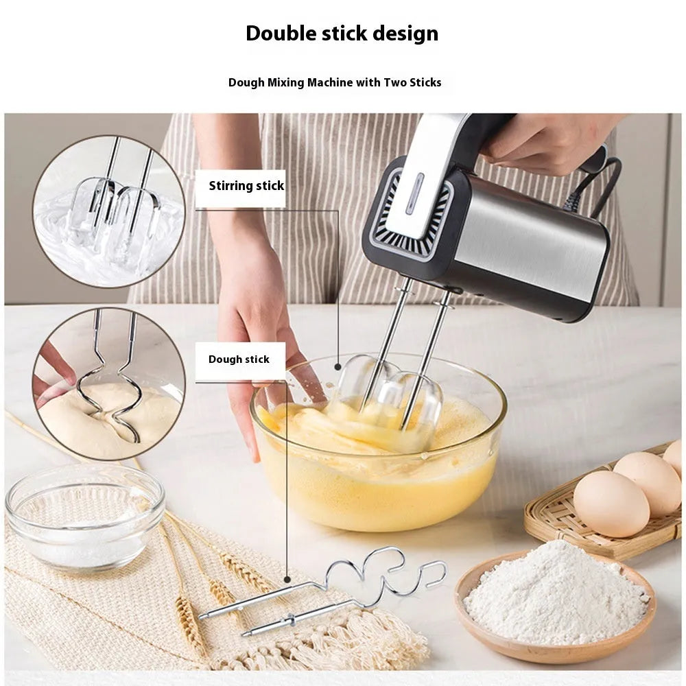 Silver handheld electric kitchen whisk with stainless steel beaters and five-speed control