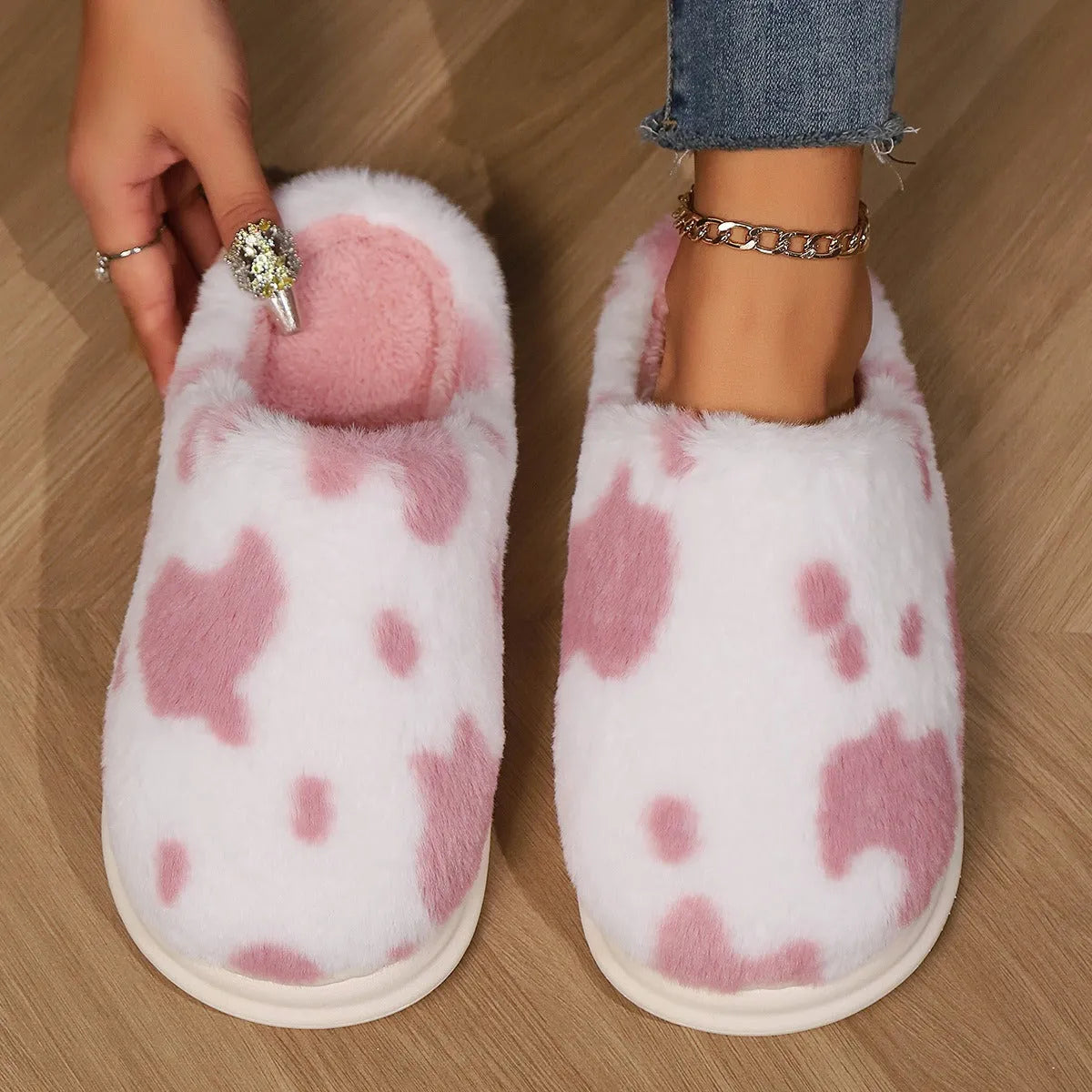 Cow spotted plush slippers with non-slip sole, available in black brown coffee pink for women and men